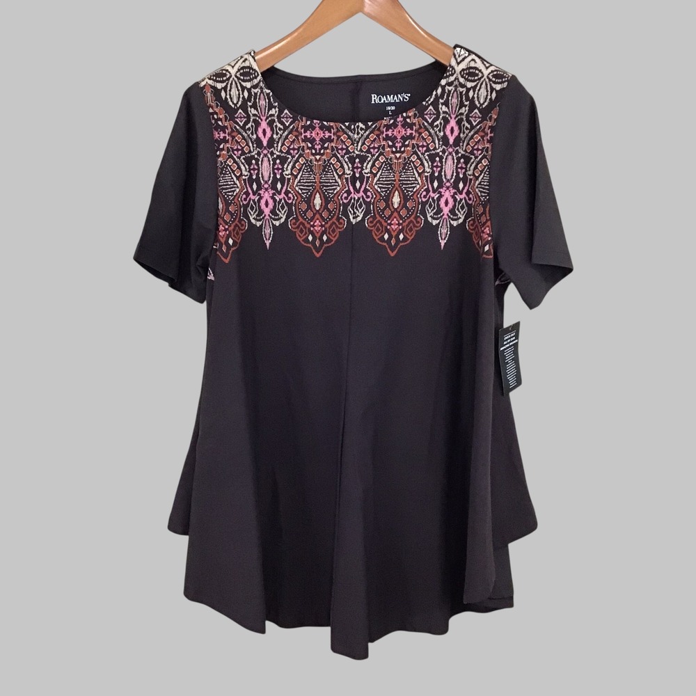Roamans Womens Plus Size 18/20 L Brown Flared Tunic Top Short‎ Sleeve Boho Print